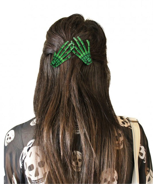 Haarspange (Paar) - Skeletthand Hände - Grün mit Schwarz