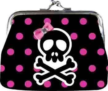 Münzgeldbeutel mittel - Schwarz Mit Pink Punkten Und Schleifentotenkopf