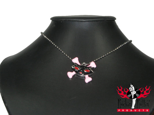 Halskette - Mit Katzenkopf In Schwarz Und Rosa Knochen