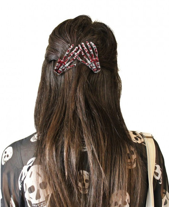 Haarspange (Paar) - Skeletthand Hände - Weiß-Blutig