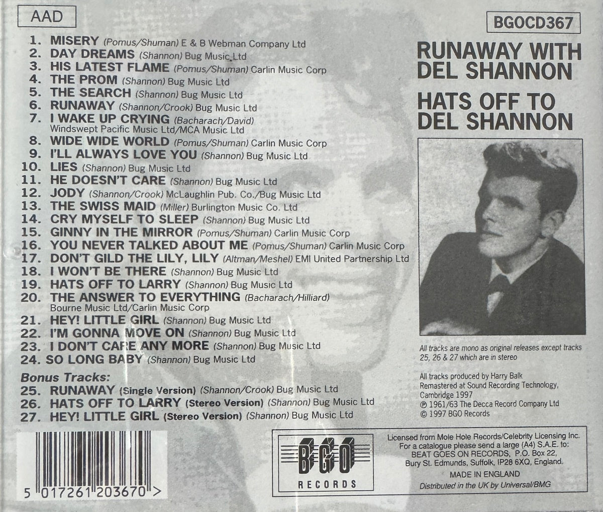 CD - Del Shannon - Runaway With Del Shannon/Hats Off To Del Shannon