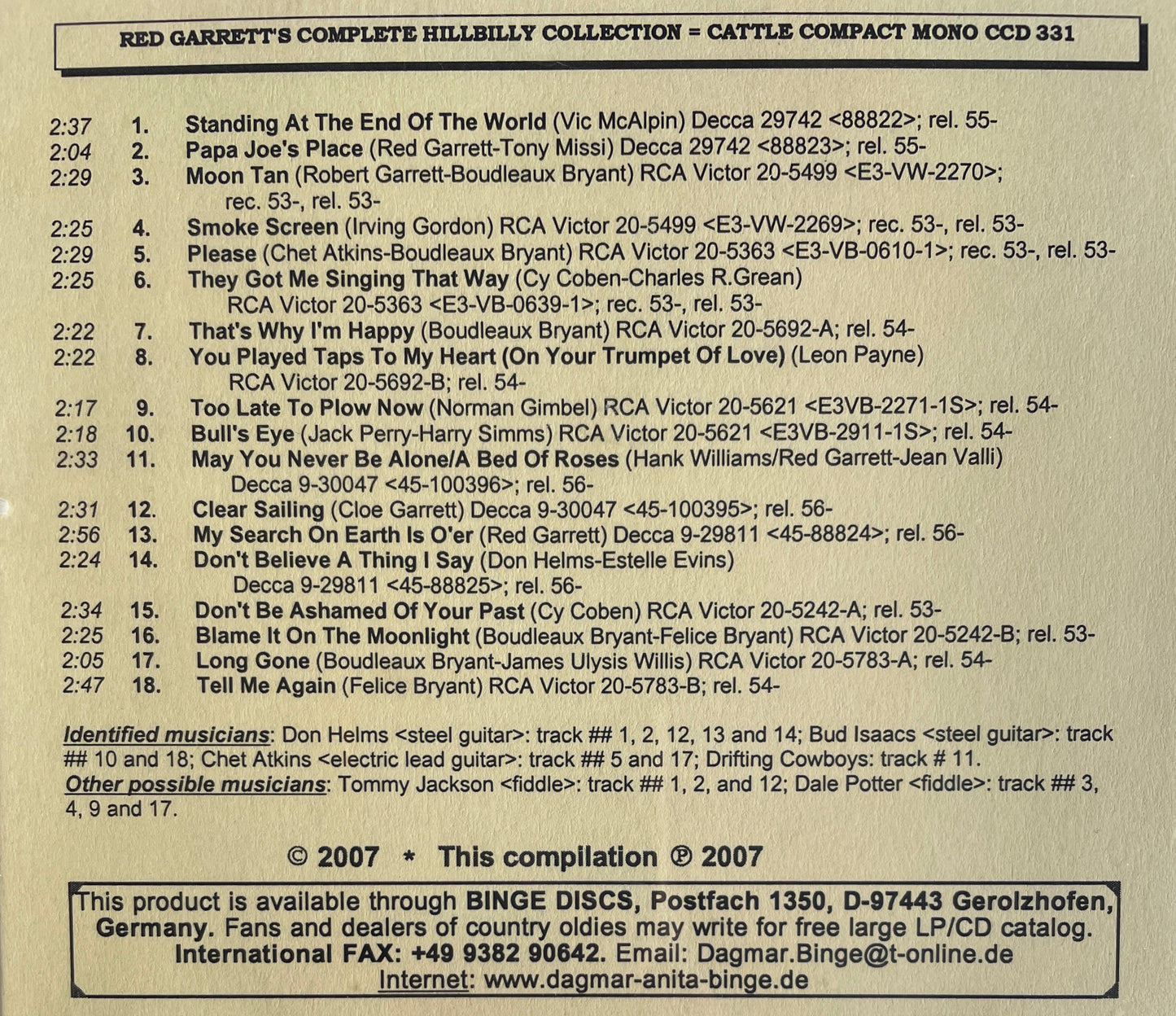 CD - Red Garrett's Complete Hillbilly Collection