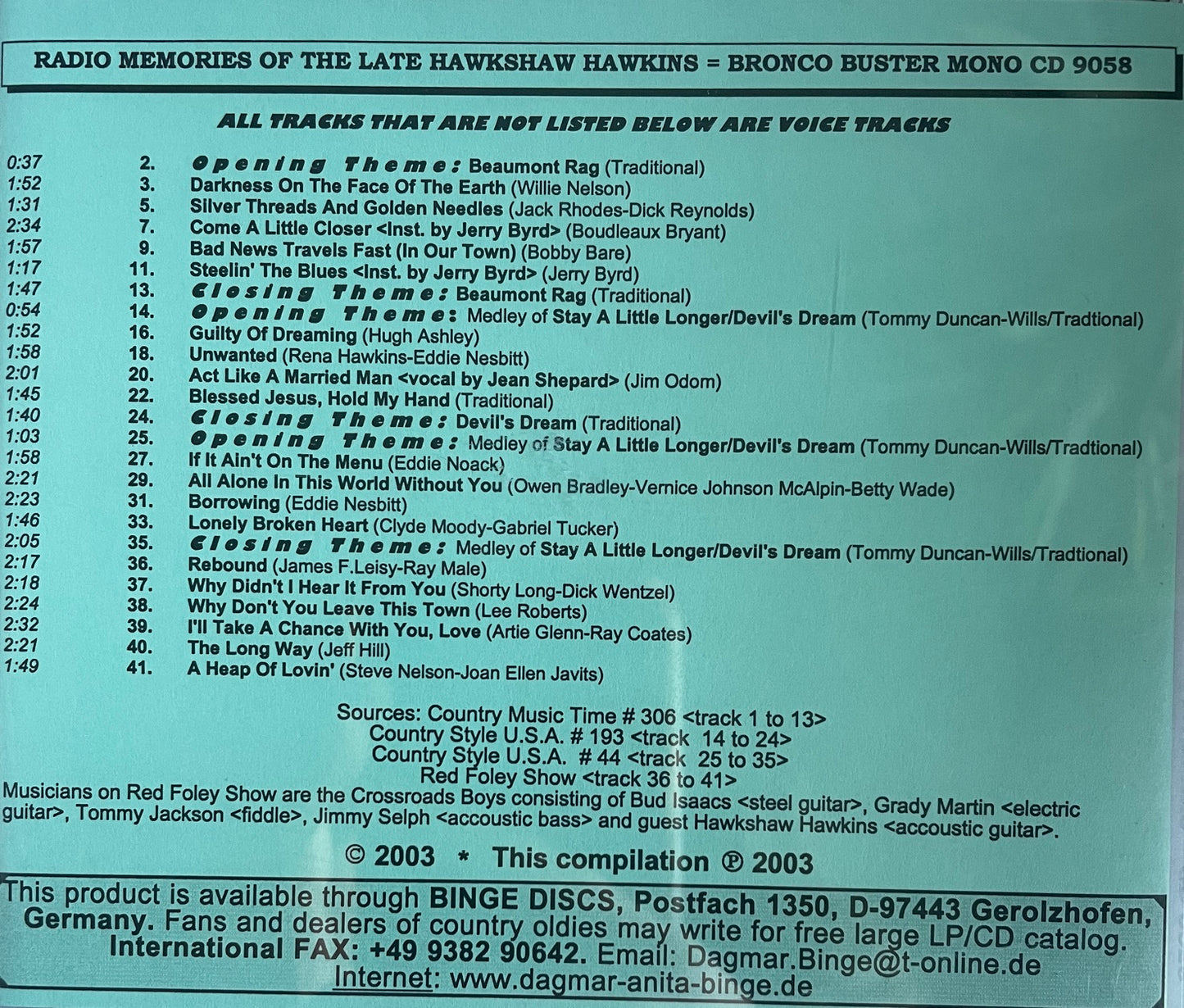 CD - Hawkshaw Hawkins - Radio Memories Of The Late Hawkshaw Hawkins