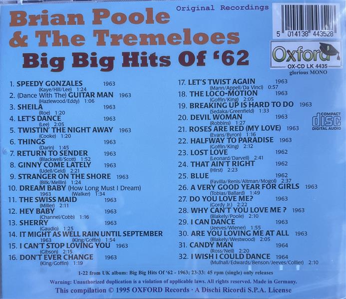 CD - Brian Poole & The Tremeloes - Big Big Hits Of '62 - Anthology Vol. 1