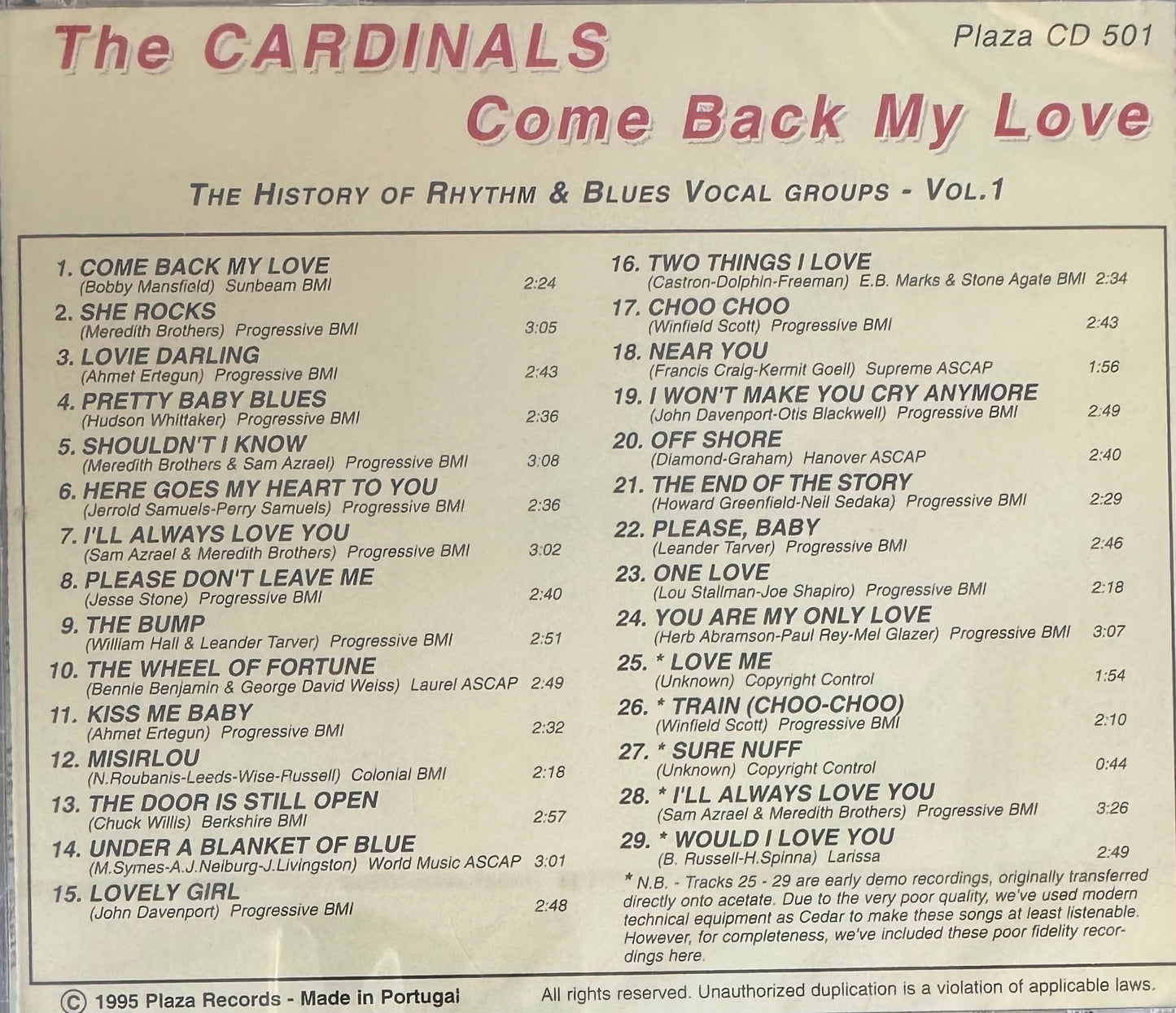 CD - Cardinals - Come Back My Love