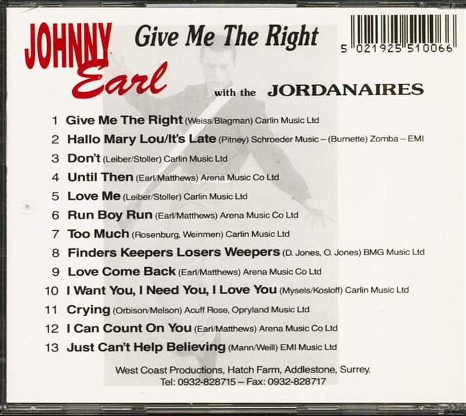 CD - Johnny Earle With The Jordanaires - Give Me The Right