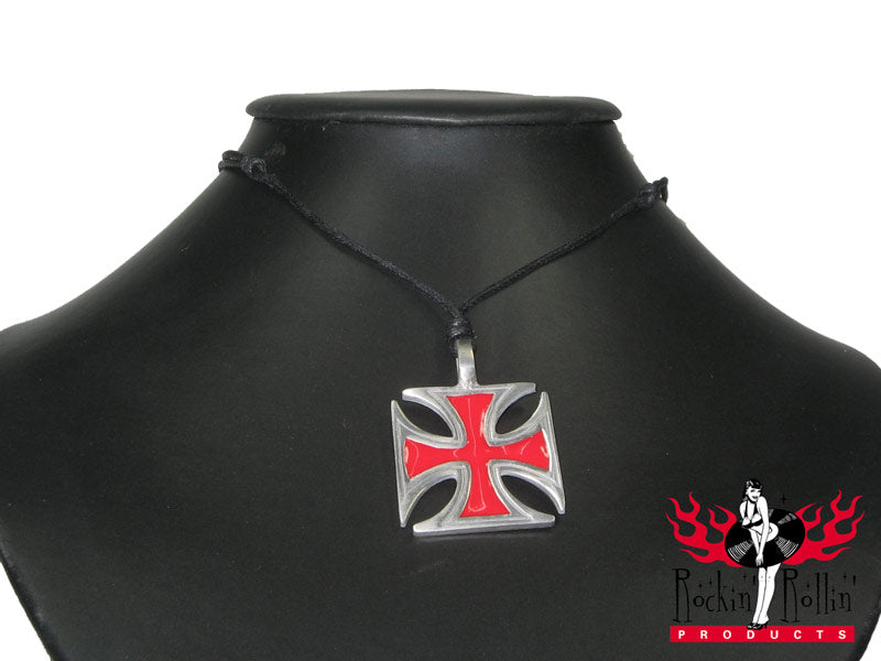 Halskette - Mit Lederband Und Ironcross Anhänger In Rot