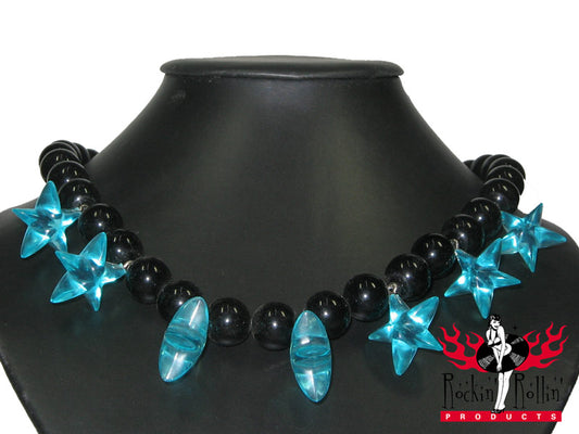 Perlenkette Mit Sternen - Schwarz - Hellblau Transparent