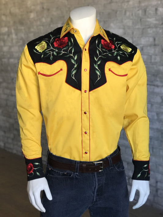 Western Shirt - 2-Tone Yellow & Black Floral, bestickt