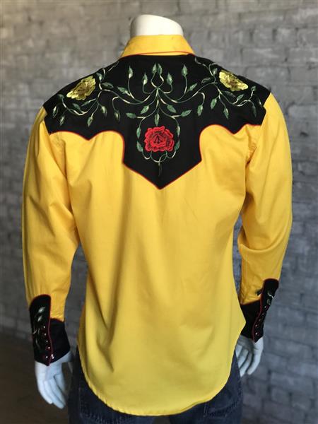 Western Shirt - 2-Tone Yellow & Black Floral, bestickt