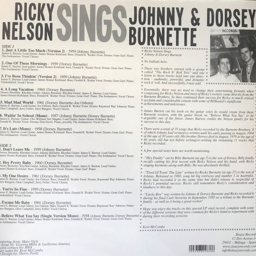 10inch - Ricky Nelson - Sings Johnny & Dorsey Burnette