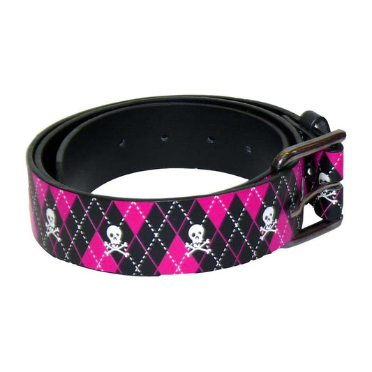 Gürtel - bedruckt - Rautenmuster Skull - schwarz-pink