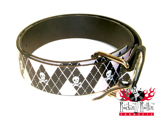 Gürtel - bedruckt - Rautenmuster Skull - Schwarz-Rosa