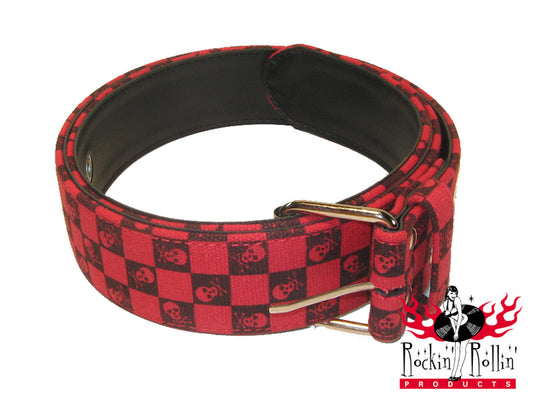 Gürtel - Rot Schwarz Kariert Mit Skulls