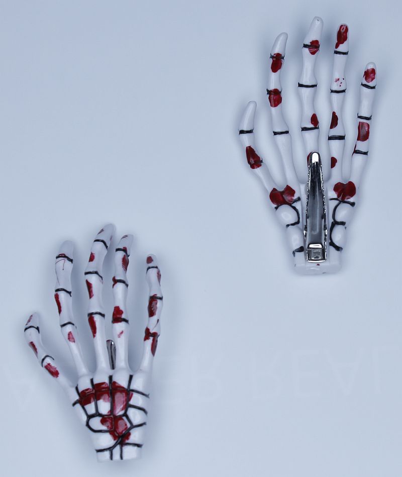 Haarspange (Paar) - Skeletthand Hände - Weiß-Blutig