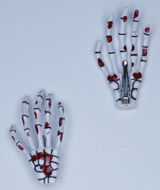 Haarspange (Paar) - Skeletthand Hände - Weiß-Blutig