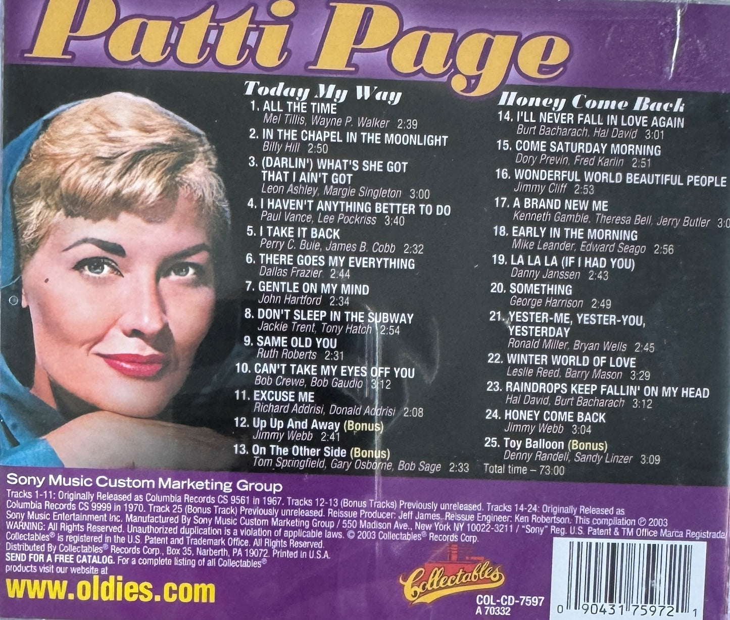 CD - Patti Page - Today My Way - Honey Come Back