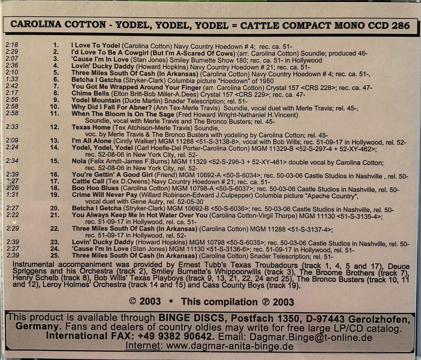 CD - Carolina Cotton - Yodel, Yodel, Yodel