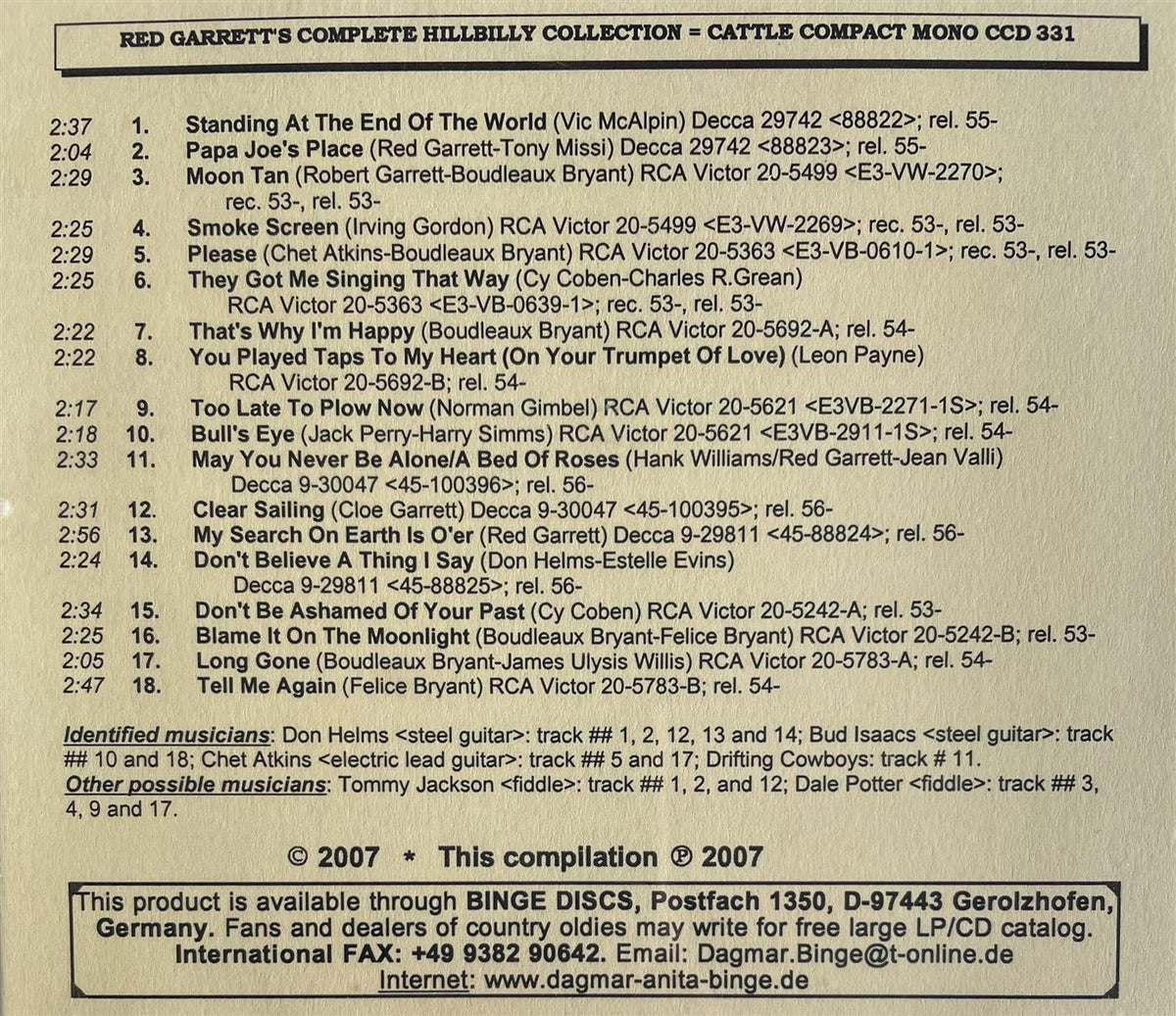 CD - Red Garrett's Complete Hillbilly Collection