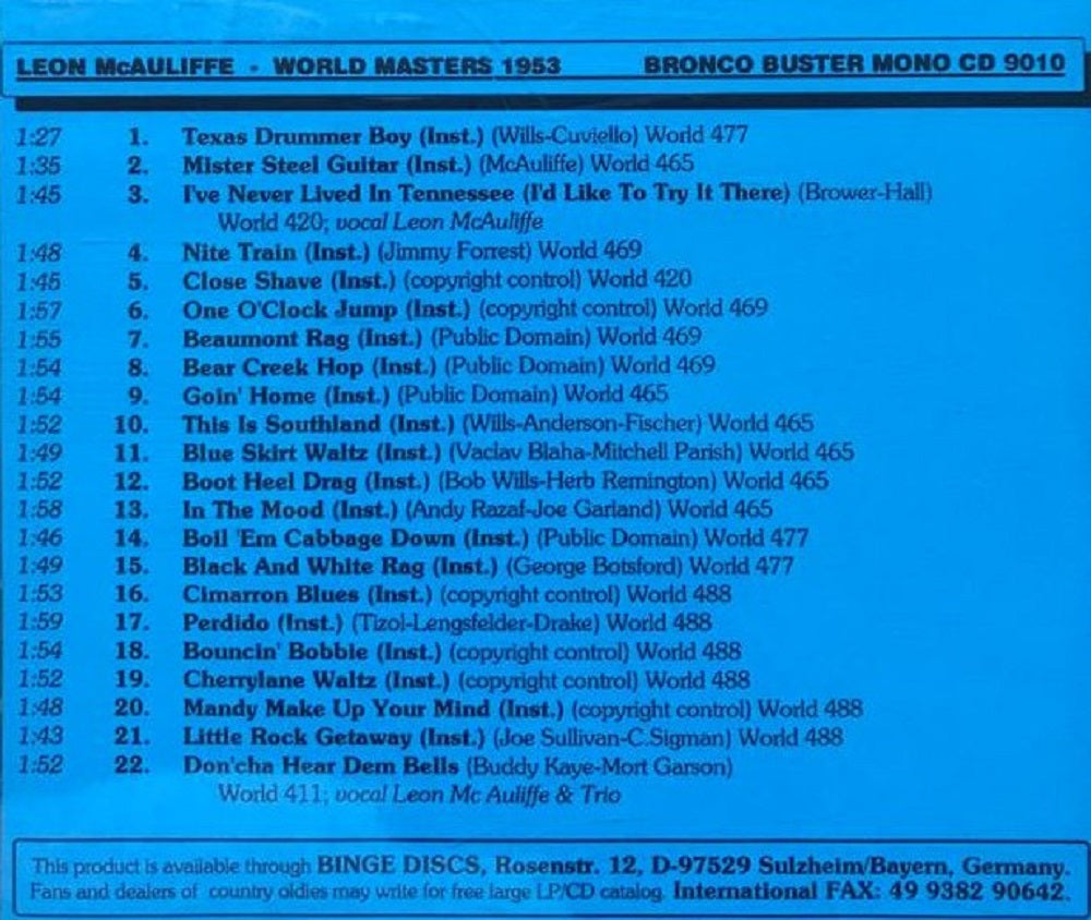 CD - Leon Mcauliffe - World Masters 1953