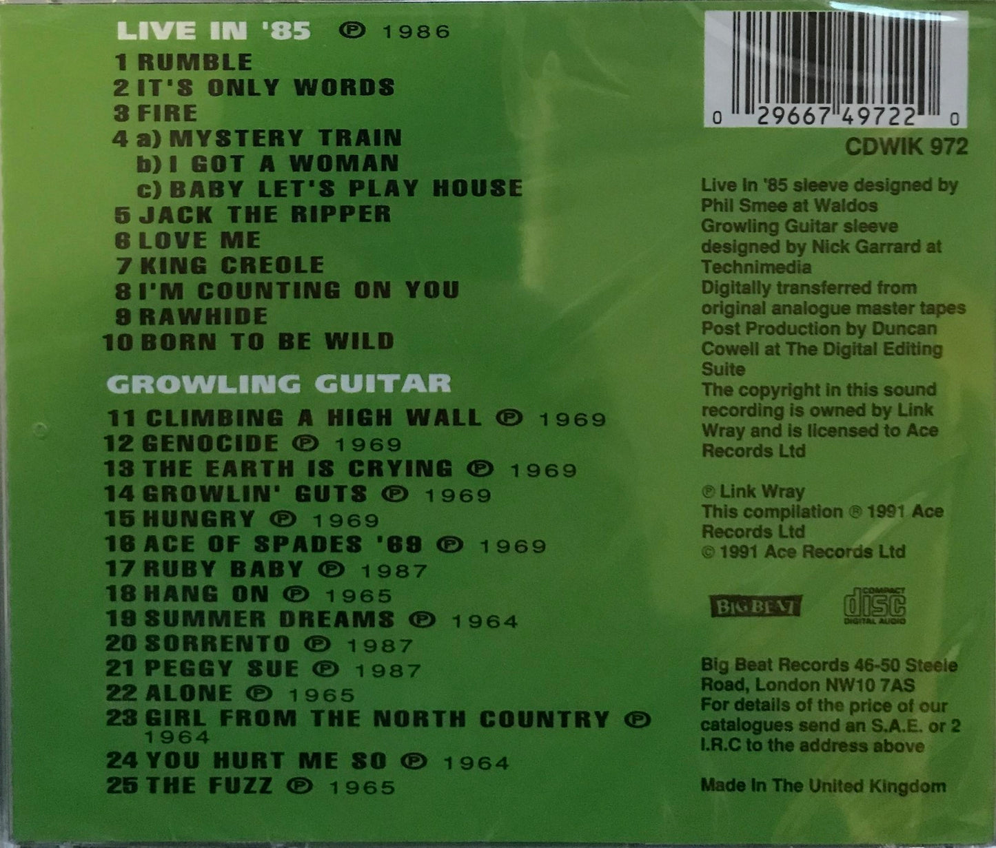 CD - Link Wray - Live In '85/Growling Guitar