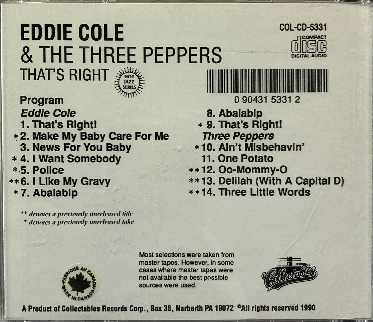 CD - Eddie Cole And The Three Peppers - That's Right!