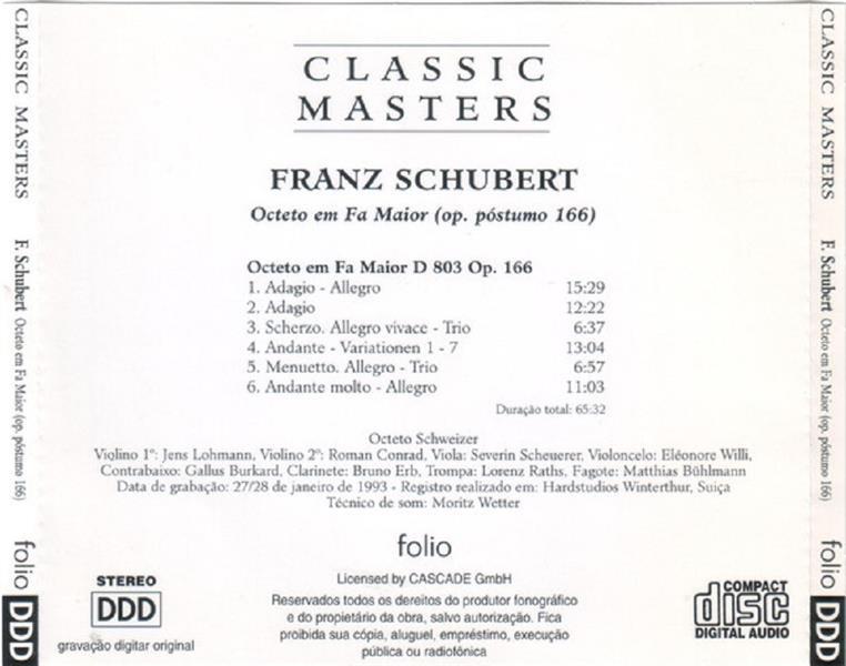 CD - Franz Schubert - Classic Masters - Octeto em Fa Maior