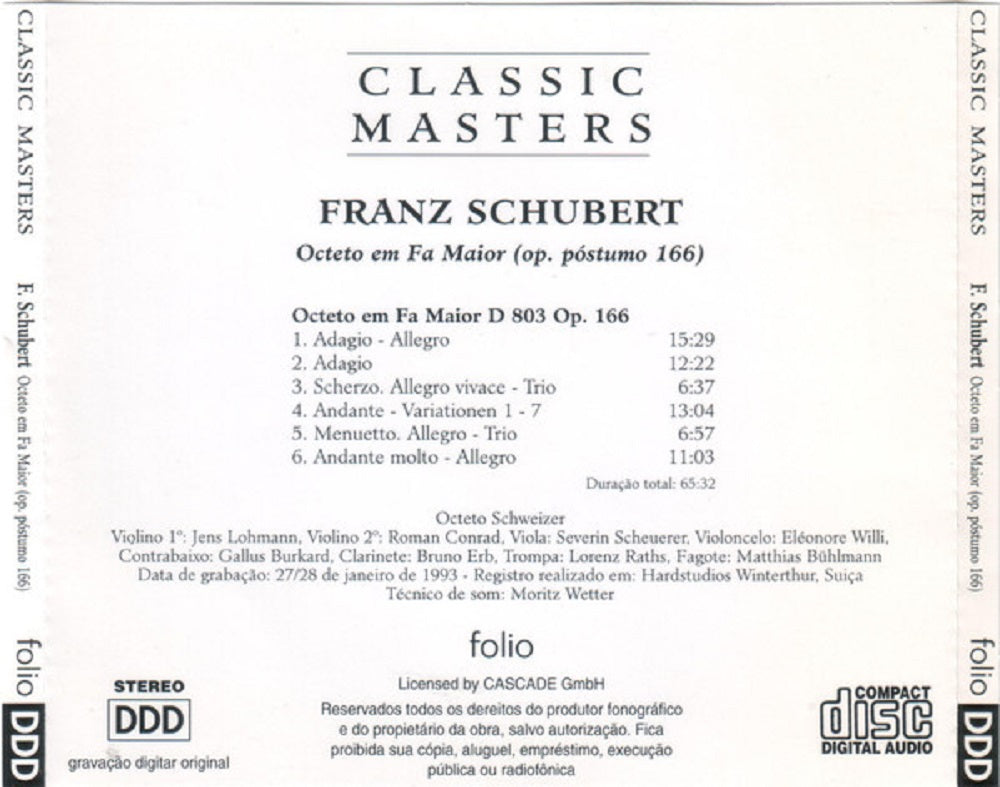 CD - Franz Schubert - Classic Masters - Octeto em Fa Maior