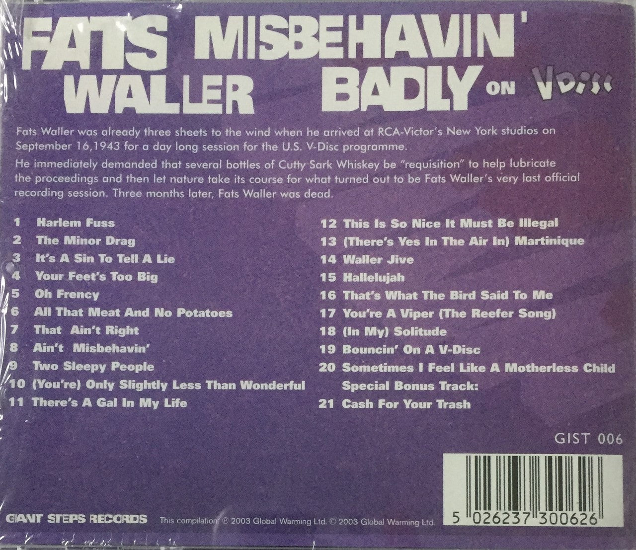 CD - Fats Waller - Misbehavin Badly On V-Disc