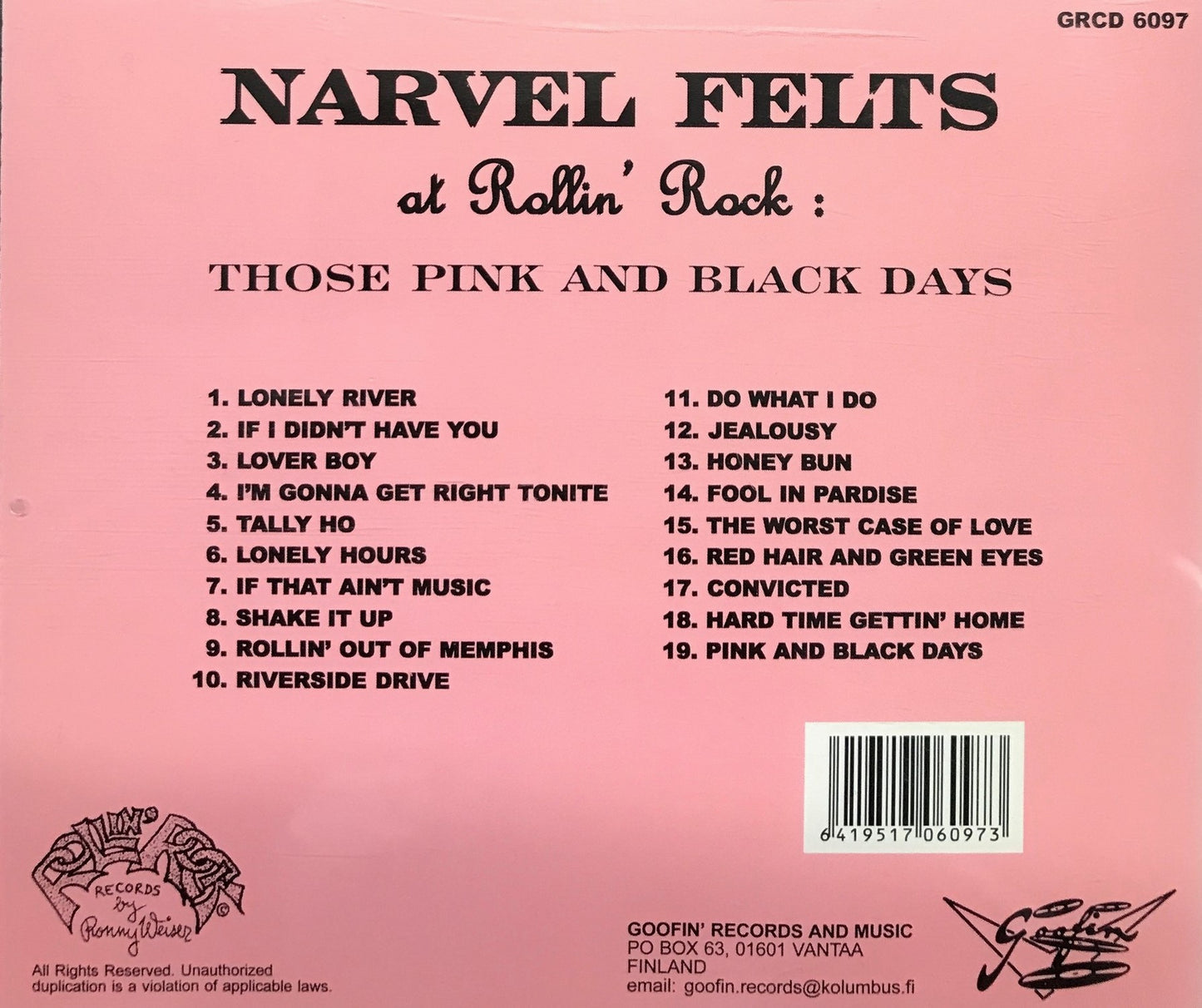 CD - Narvel Felts - At Rolling Rock - Those Pink And Black Days