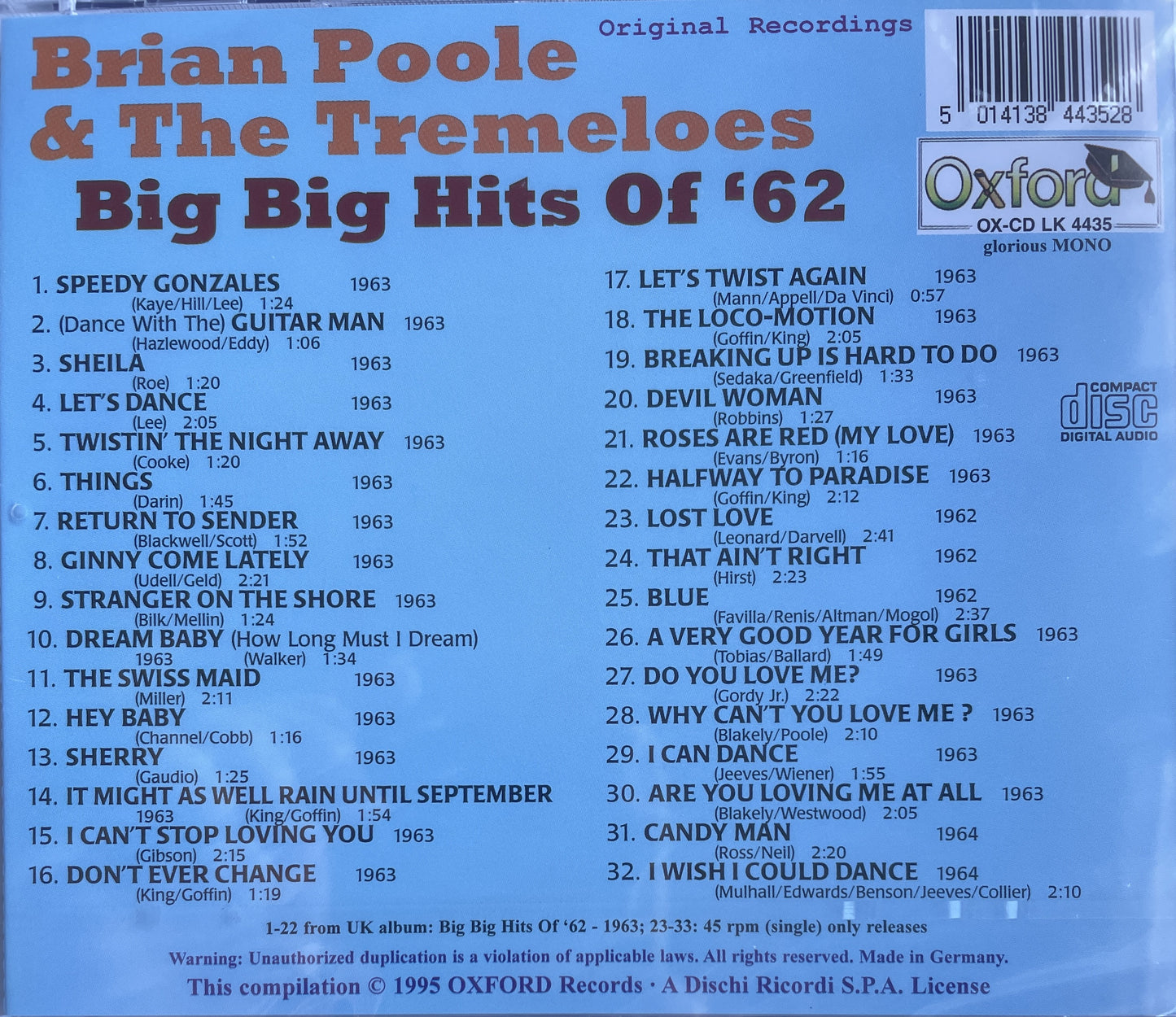 CD - Brian Poole & The Tremeloes - Big Big Hits Of '62 - Anthology Vol. 1