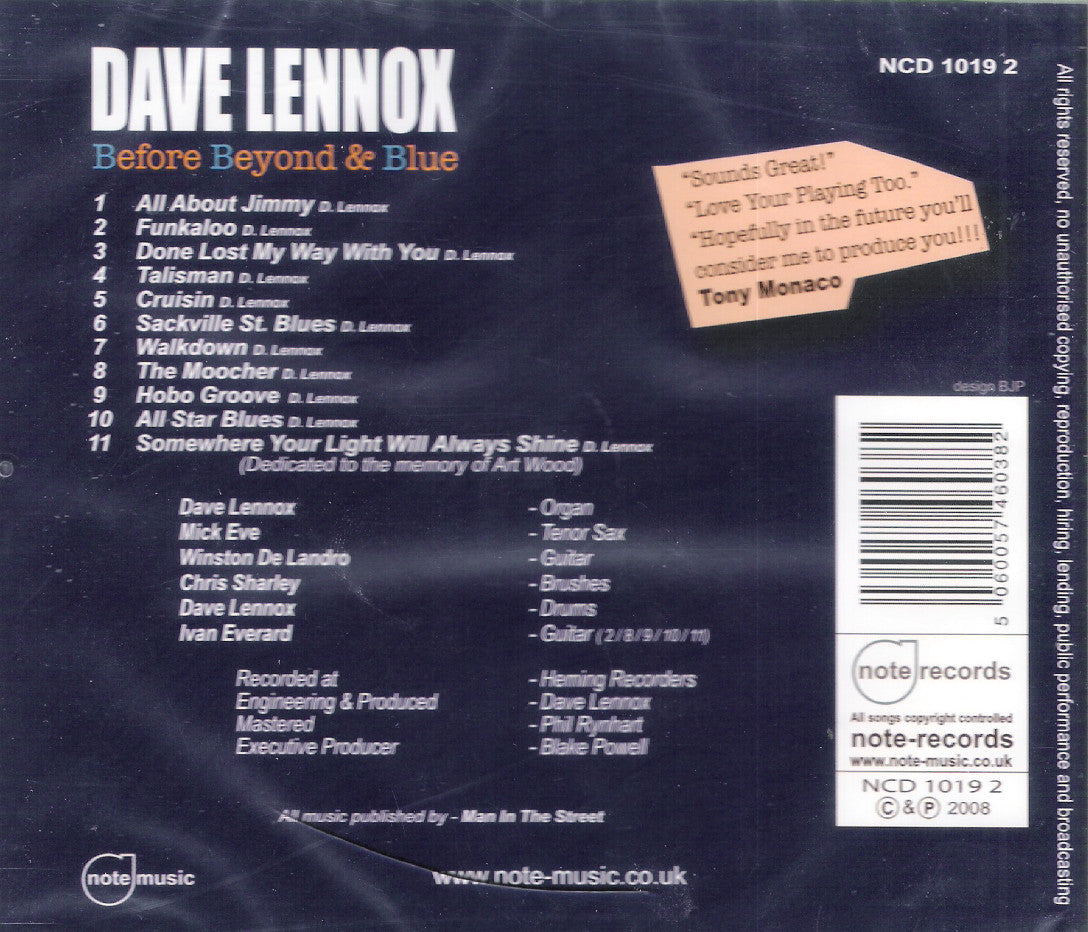 CD - Dave Lennox - Before Beyond & Blue