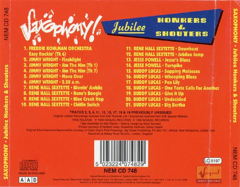 CD - VA - Saxophony! - Jubilee Honkers & Shouters