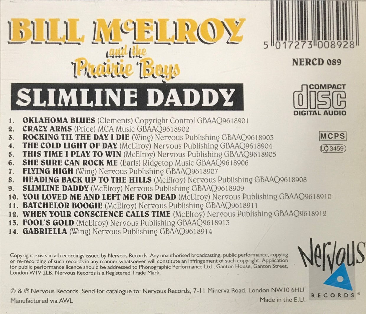 CD - Bill Mc Elroy & The Prairie Boys - Slimline Daddy