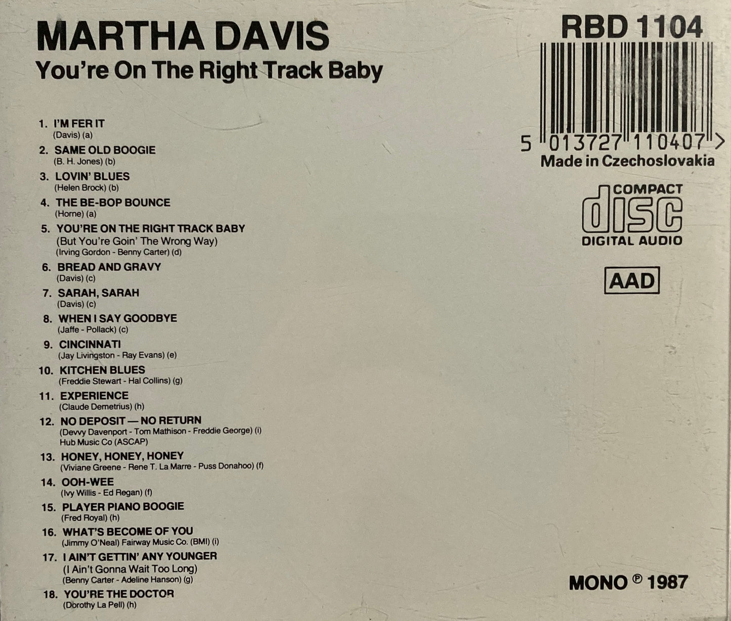 CD - Martha Davis And Her Torrid Trio - You're On The Right Track Baby