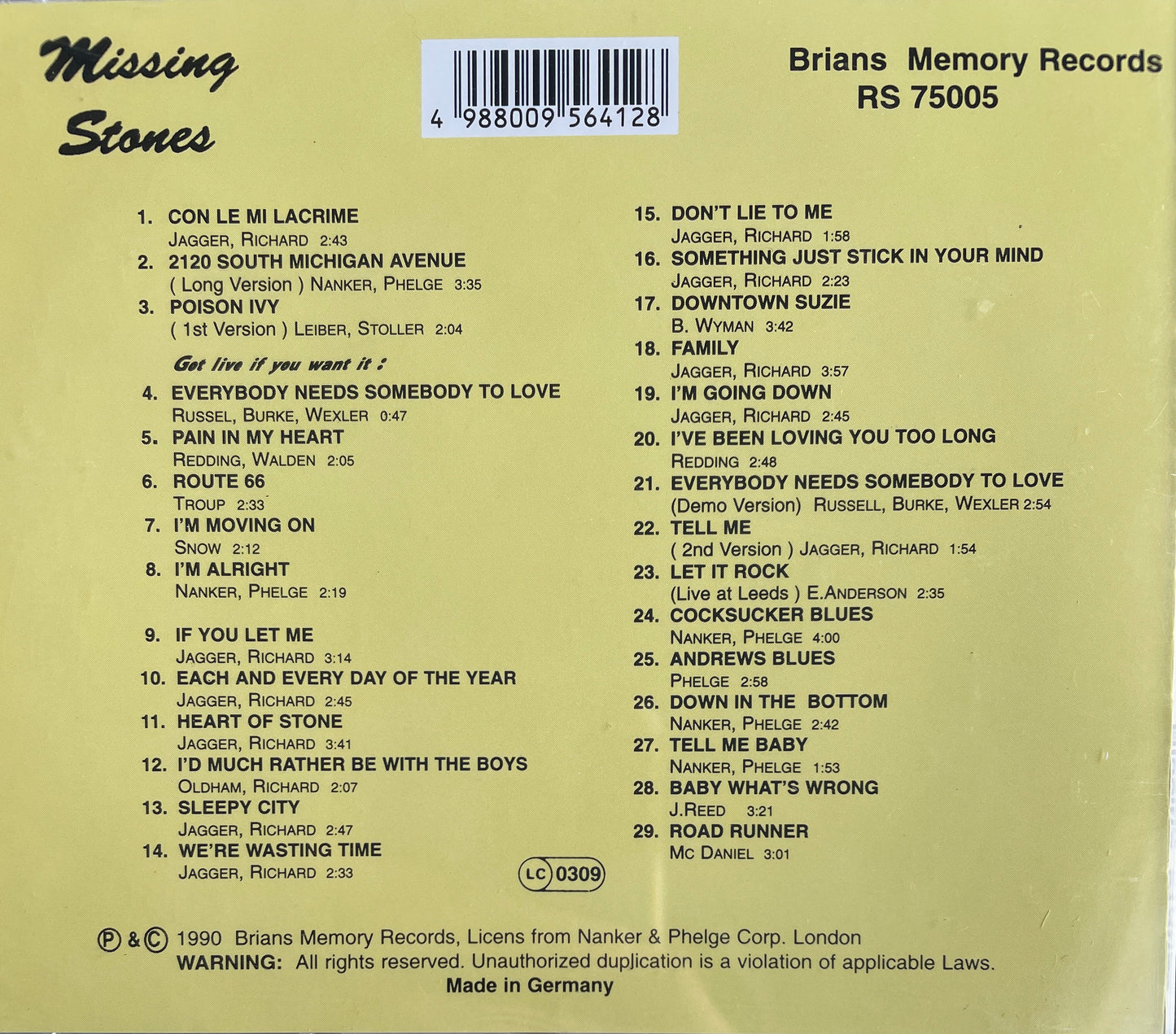 CD - Missing Stones - Brians Memory Records