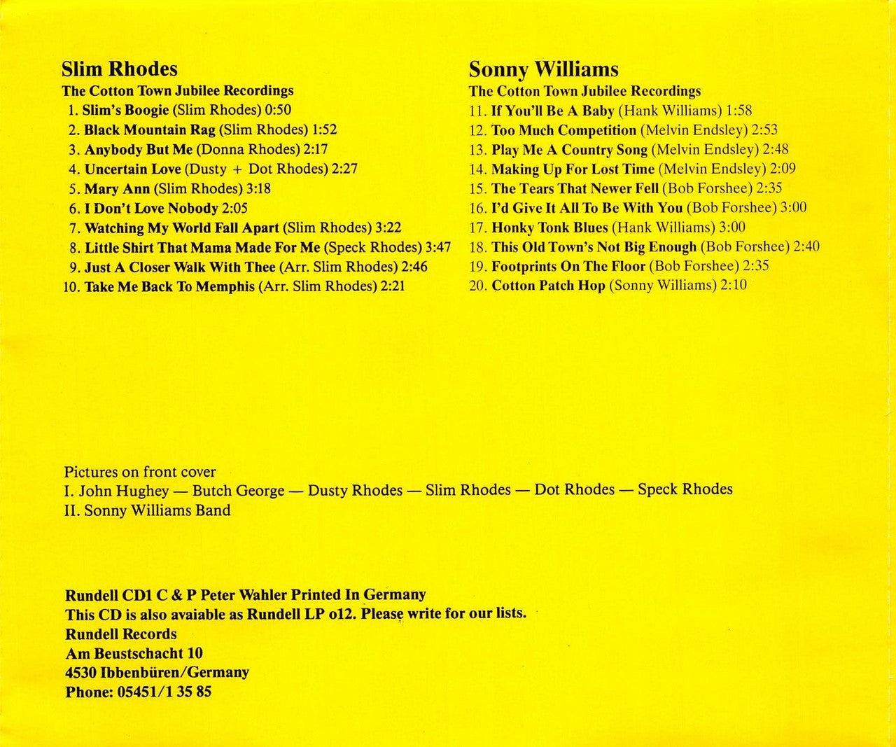 CD - Slim Rhodes & Sonny Williams - Cotton Town Jubilee Recordings