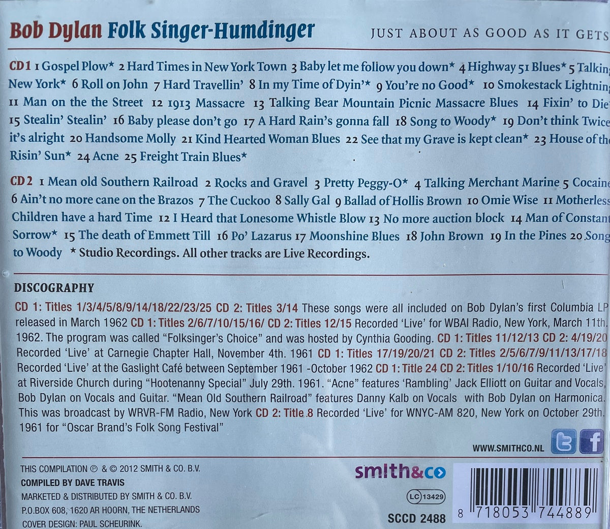 CD-2 - Bob Dylan Folk Singer-Humdinger - Just About As Good As It Gets!