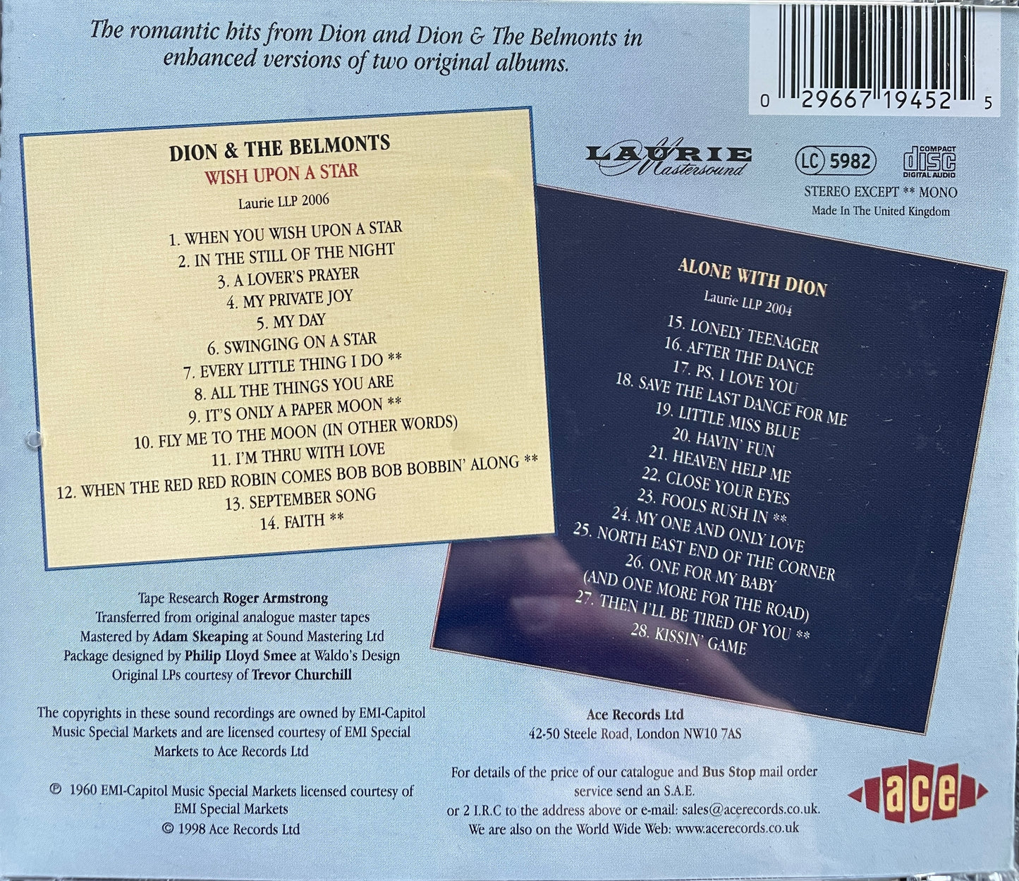 CD - Dion & The Belmonts - Wish Upon A Star - Alone With Dion