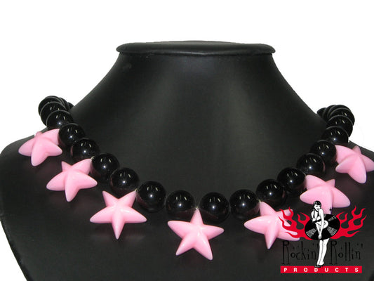 Perlenkette Mit Sternen - Schwarz - Rosa