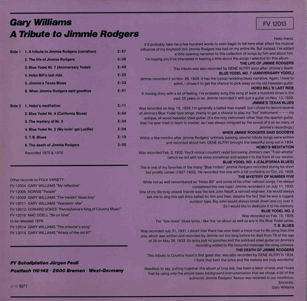LP - Gary Williams - A Tribute To Jimmie Rodgers