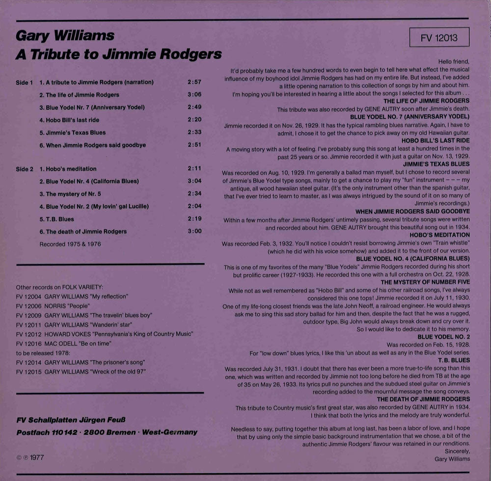 LP - Gary Williams - A Tribute To Jimmie Rodgers