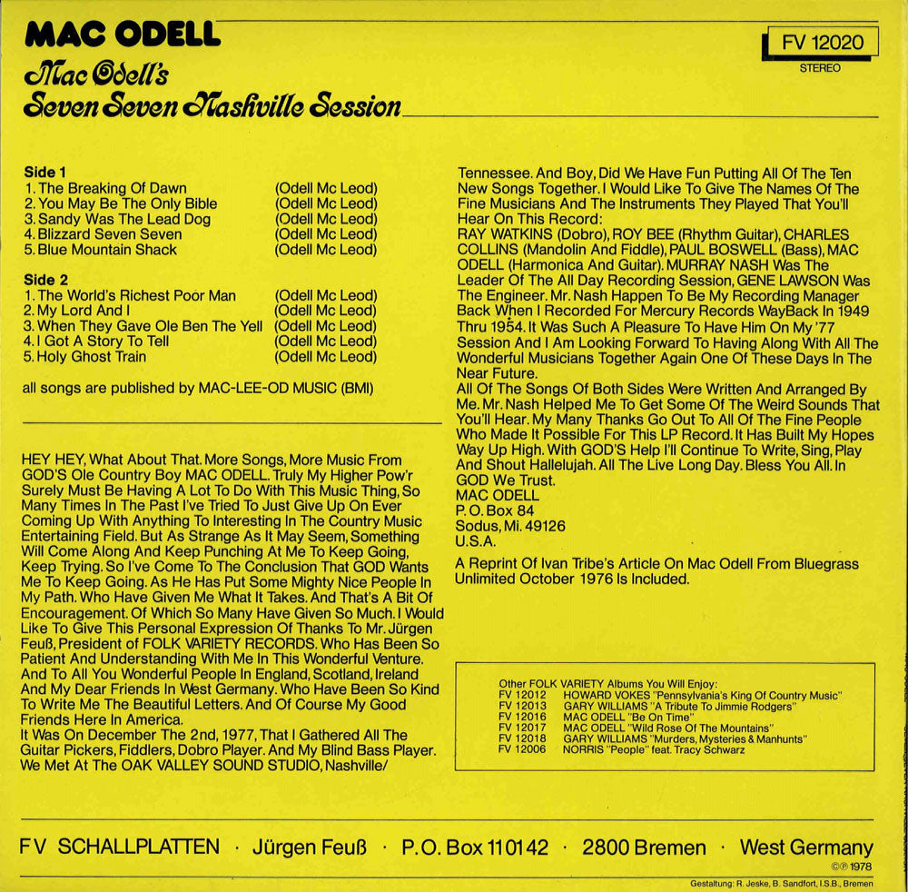 LP - Mac Odell - Seven, Seven Nashville Sessions