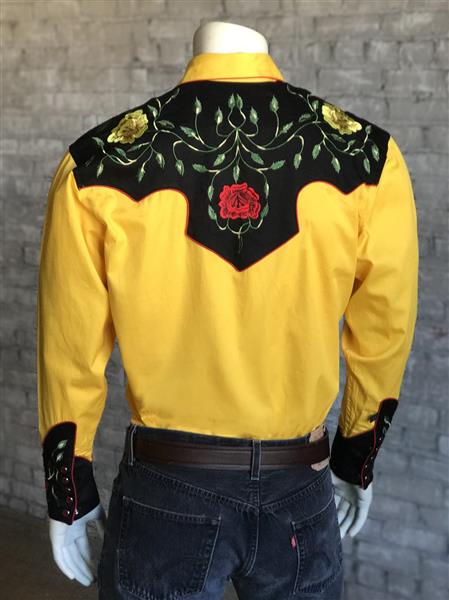 Western Shirt - 2-Tone Yellow & Black Floral, bestickt