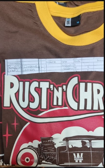 Ringer-Girl-Shirt - Rust'n'Chrome, Braun / Gelb, Logo Rot