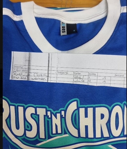 Ringer-Girl-Shirt - Rust'n'Chrome, Blau / Weiß, Logo Türkis