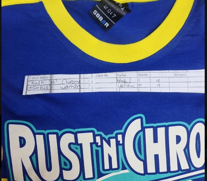 Ringer-Girl-Shirt - Rust'n'Chrome, Blau / Gelb, Logo Türkis