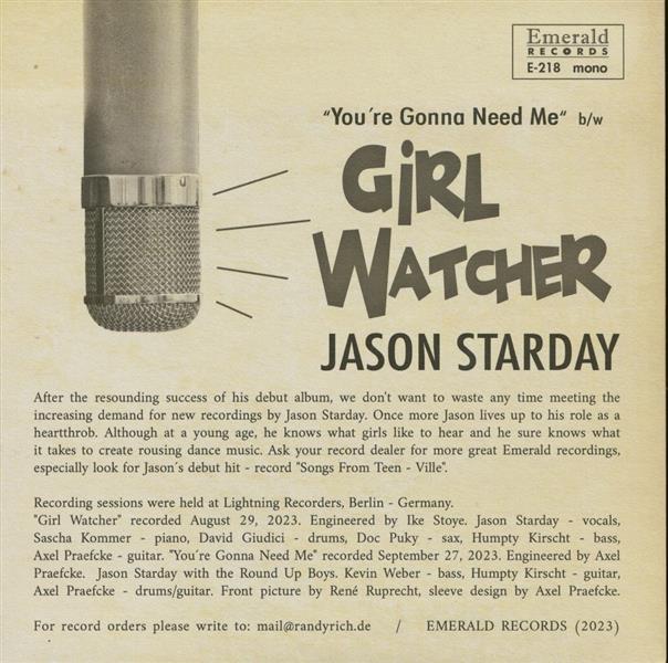 Single - Jason Starday - Girl Watcher / You're Gonna Need Me (Picture Cover)