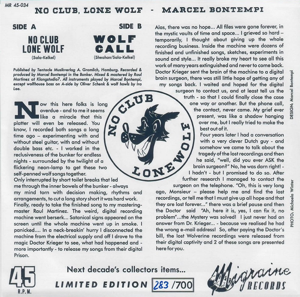 Single - Marcel Bontempi - No Club Lone Wolf; Wolf Call